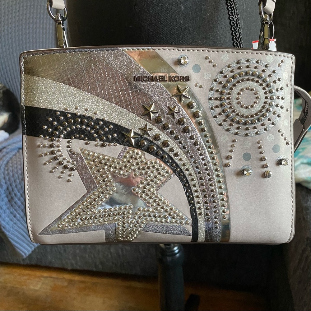 Michael Kors Silver and Gray Crossbody Bag with Rhinestone Embellishments